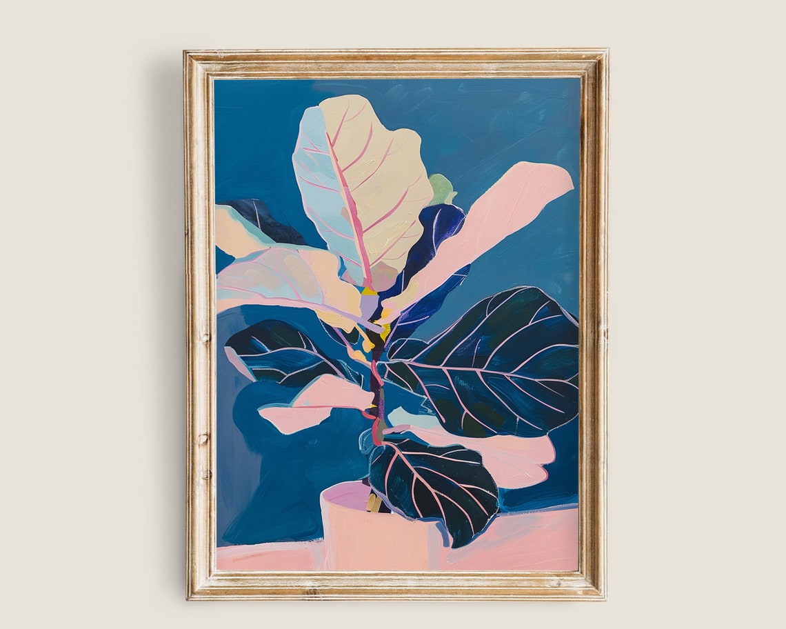 Fiddle Leaf Fig Painting Vintage Botanical Art Matisse Boho Indoor Plants Prints Fig Tree Art Wall Art Pink Leaf Decor