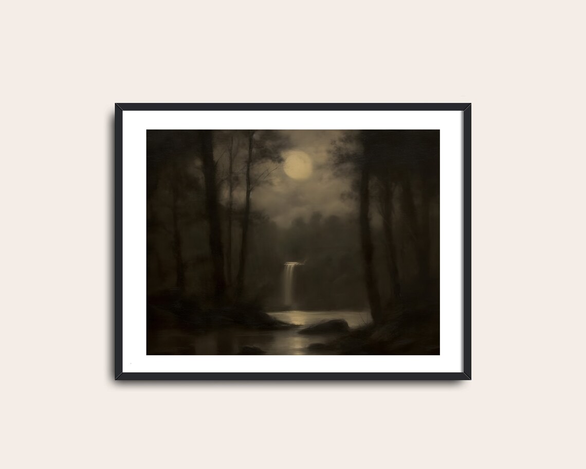 Dark Academia Waterfall Moon Landscape Art Print - Image 2