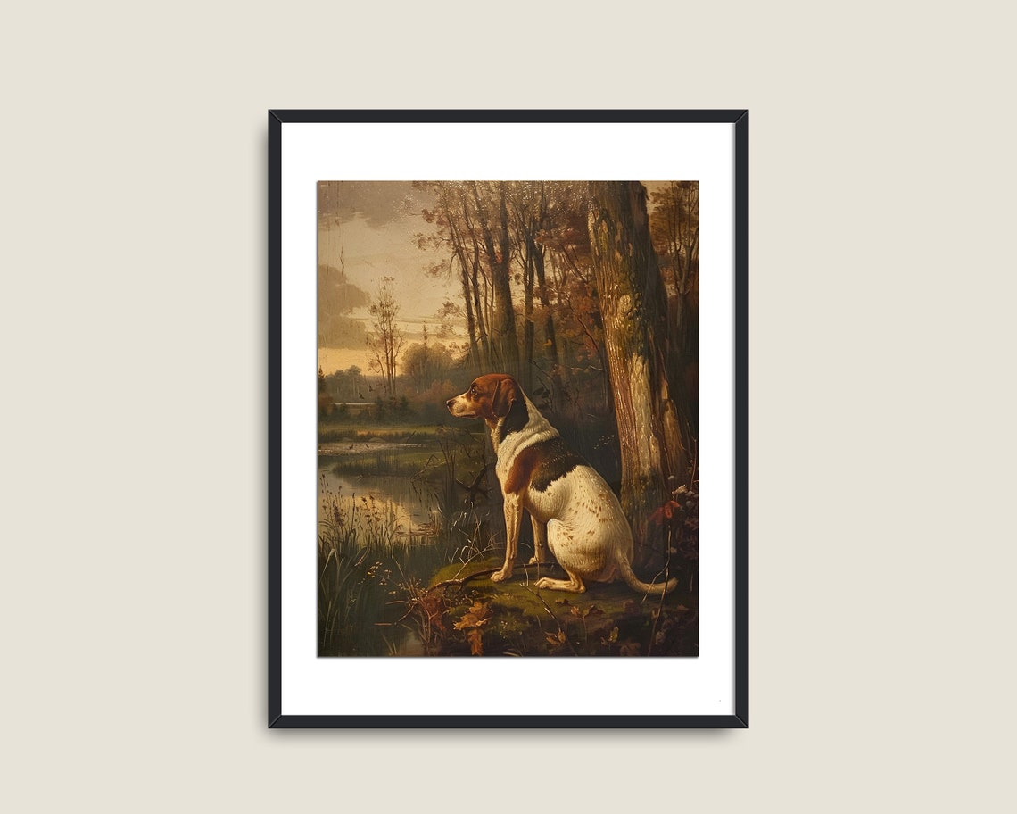 Hunting Dog by the Lake Vintage Style Forest Scene Wall Art Print - Image 2