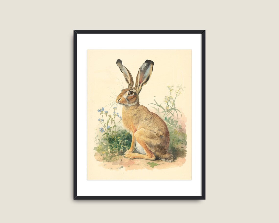 Hare Among Wildflowers Vintage Naturalist Illustration Farmhouse Bunny Wall Art - Image 2