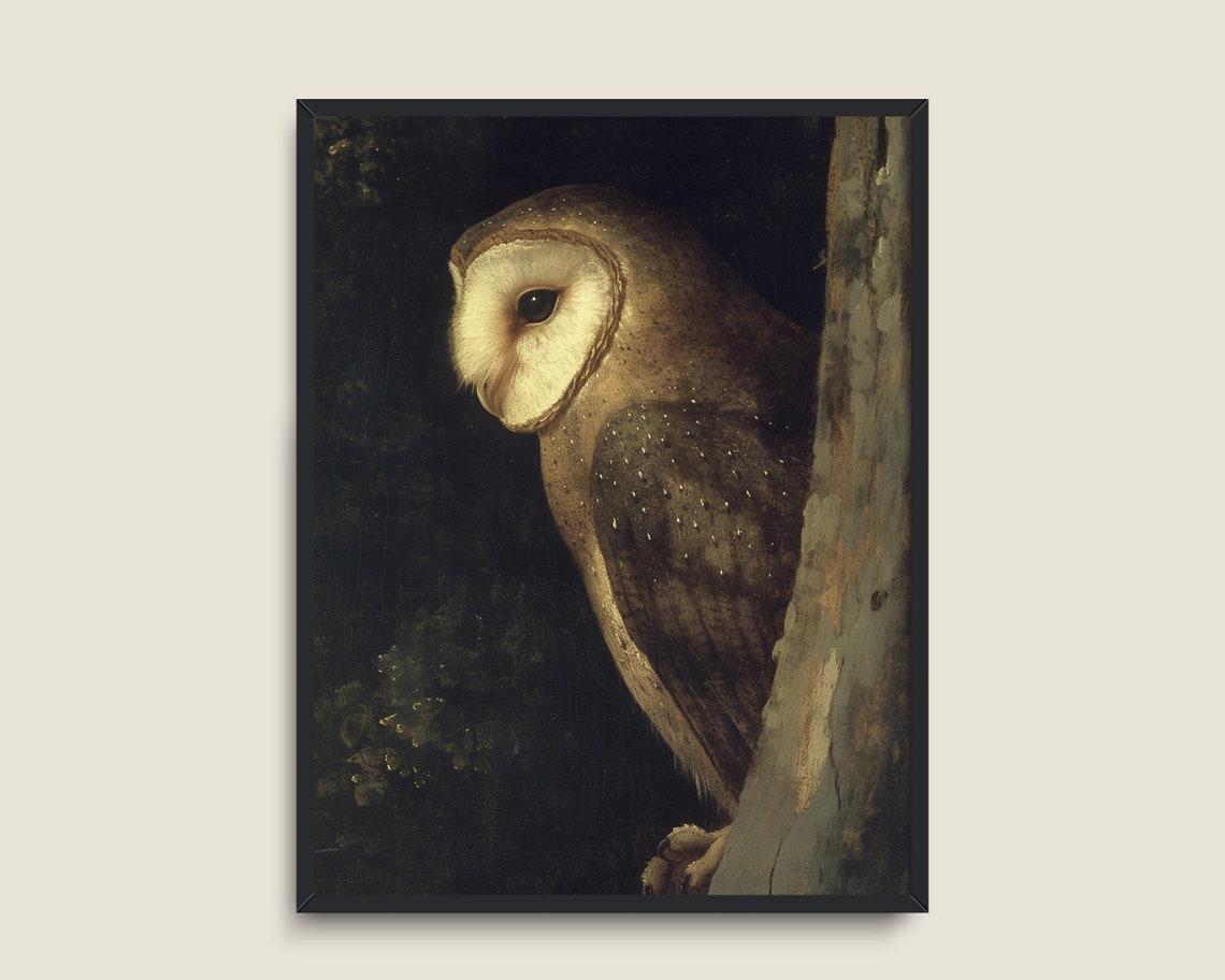 Barn Owl In Tree Hollow At Night Moody Vintage Bird Wildlife Print - Image 3