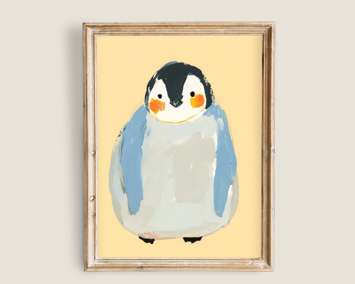 Cute Cartoon Penguin Smiling Peach Nursery Kids Animal Wall Art
