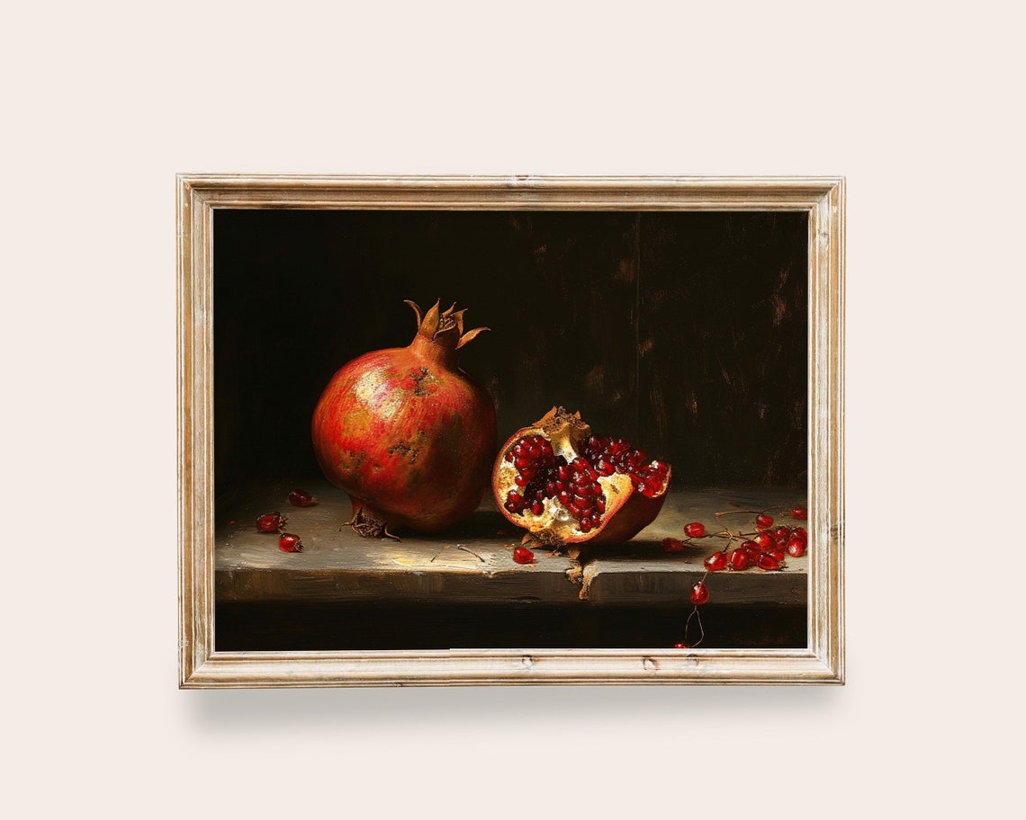 Moody Pomegranate Still Life Painting Dark Vintage Kitchen Poster