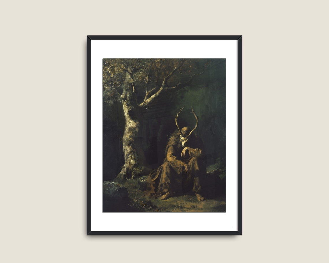 Horned Forest Guardian Sitting Under Ancient Tree Dark Fantasy Poster - Image 2