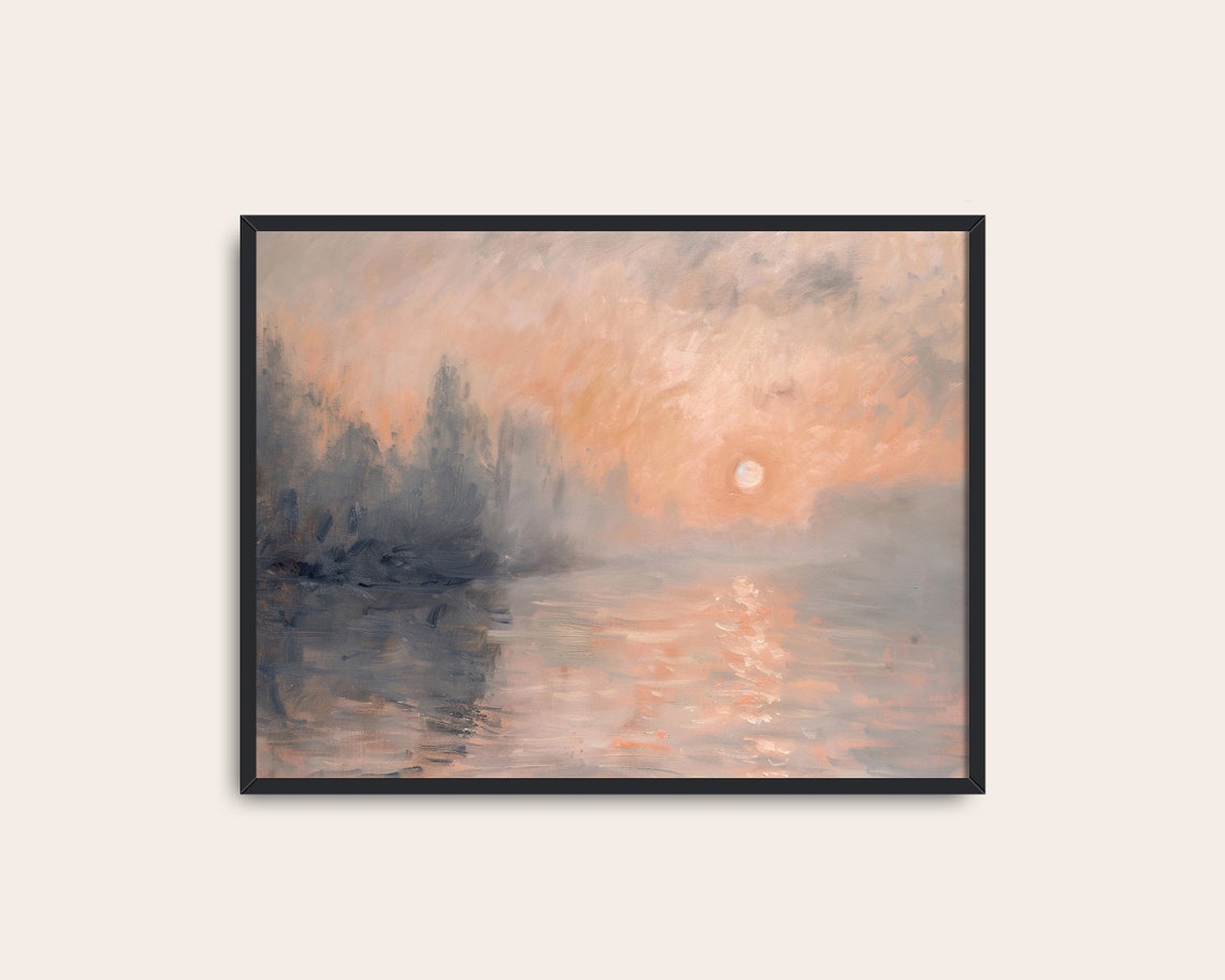 Impressionist Peach Sunset Misty River Reflection Landscape Print - Image 3