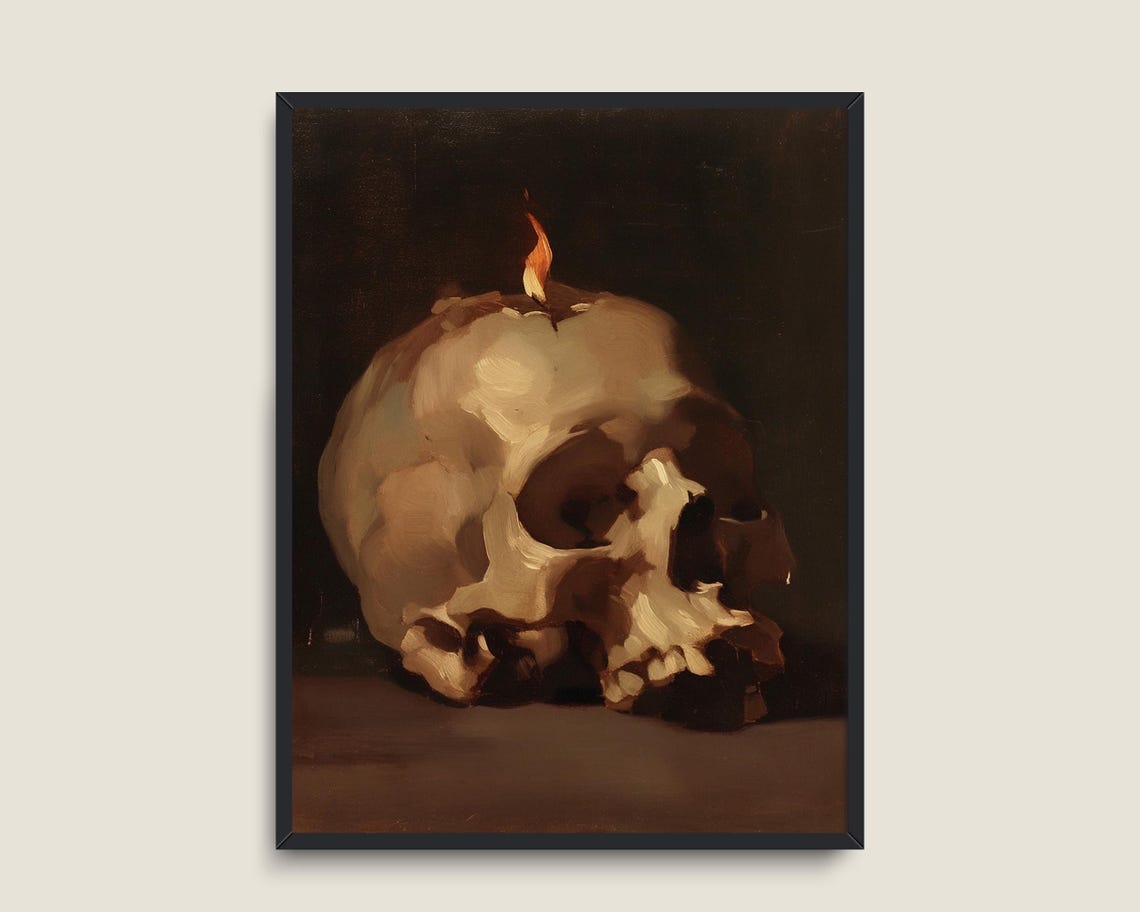 Human Skull With Burning Candle Flame Dark Gothic Still Life Poster - Image 3