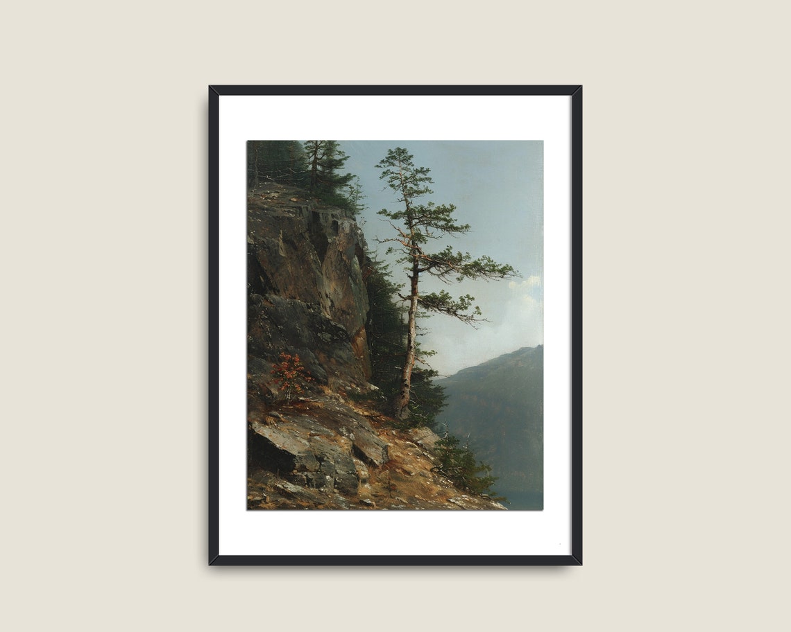 Rocky Cliff With Pine Trees Over Valley Moody Vintage Landscape Poster - Image 2