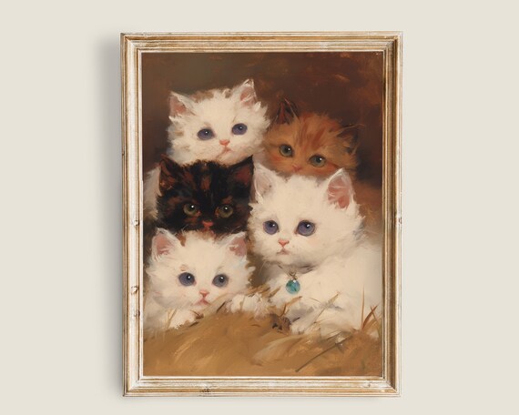 Five Kittens Vintage Oil Painting Fluffy Big Eyes Cute Nursery Animal Wall Art