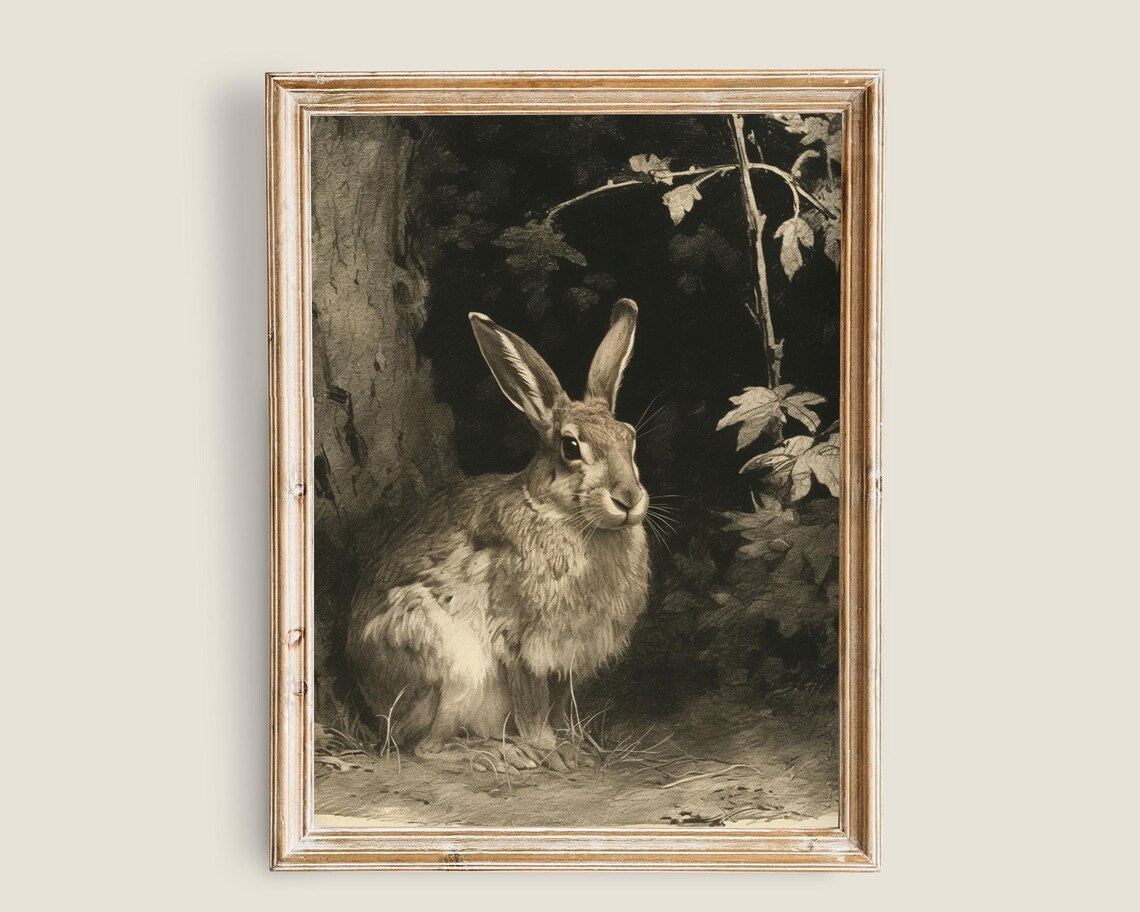 Vintage Hare Rabbit Sepia Etching Woodland Animal Painting Antique Bunny Poster