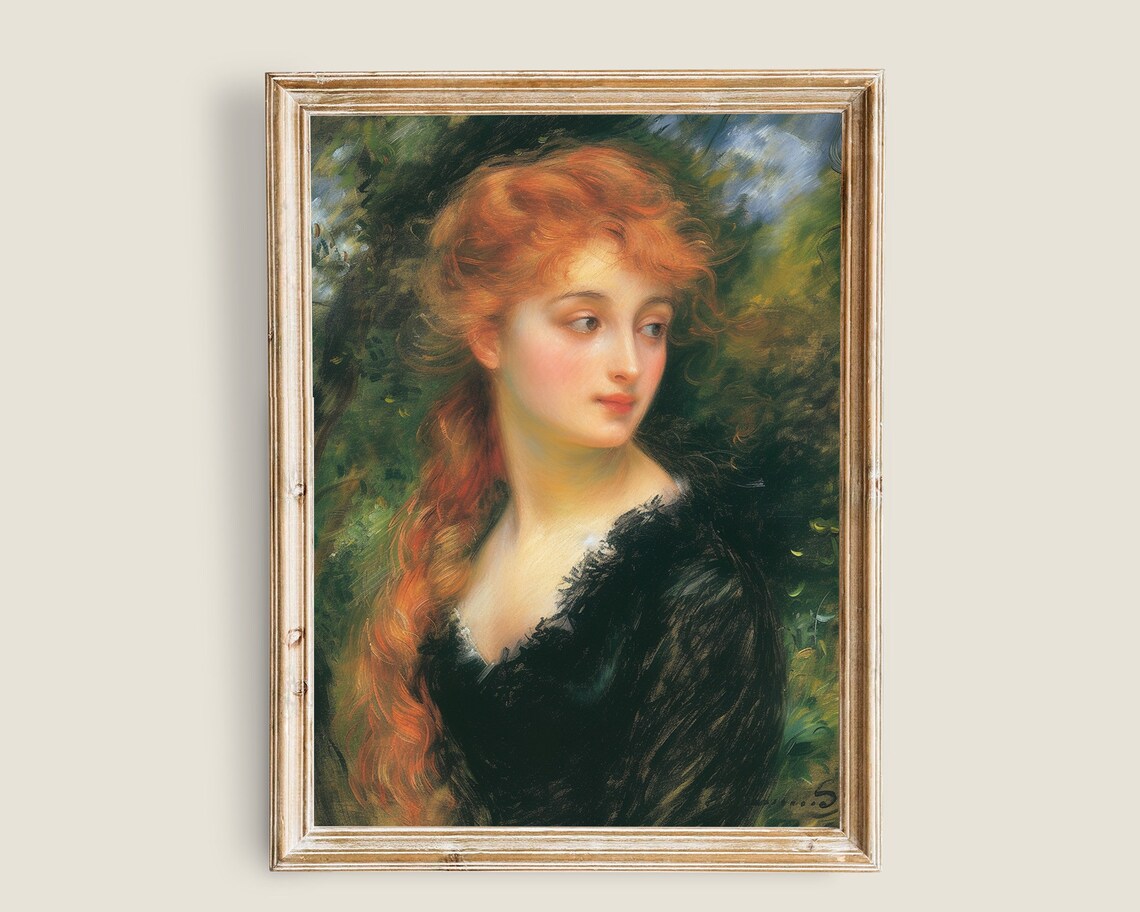 Red Haired Woman Portrait In Black Dress Vintage Oil Painting Print
