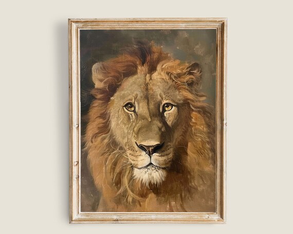 Majestic Lion Portrait Vintage Oil Painting Golden Mane Wall Print