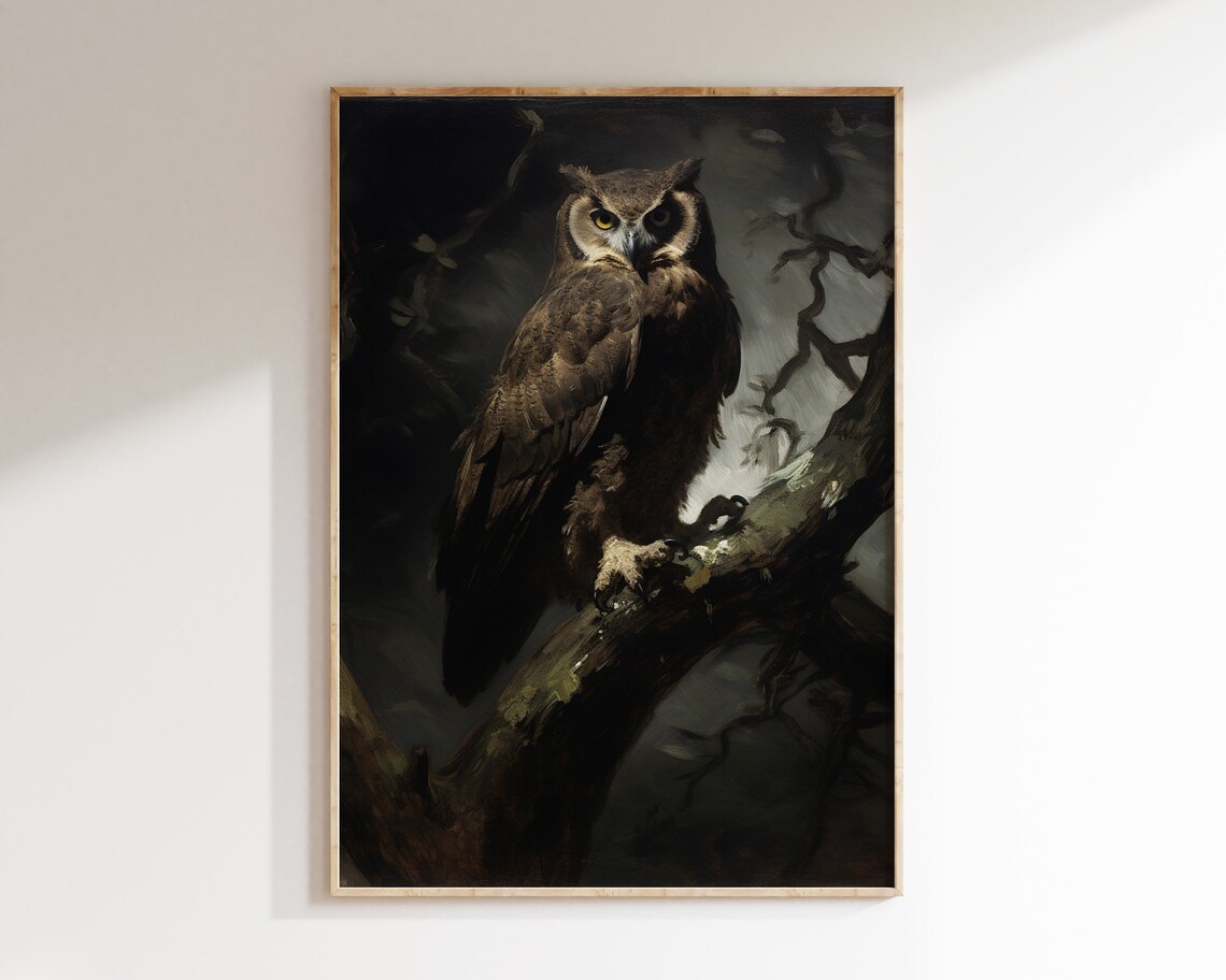 Vintage Owl Painting, Dark Academia Wall Art - Image 3