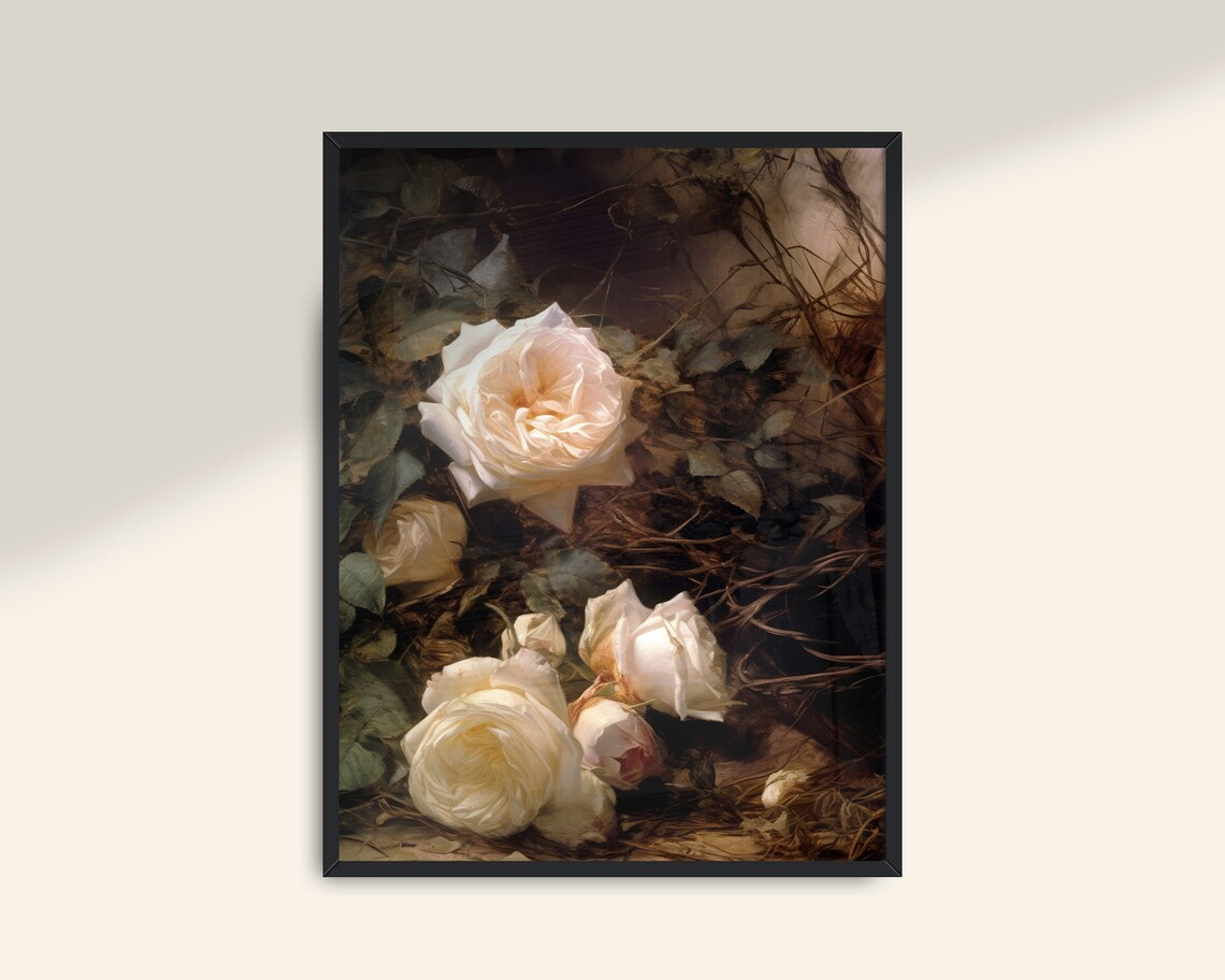 Moody Flower Vintage Painting, Dark Botanical Decor - Image 3