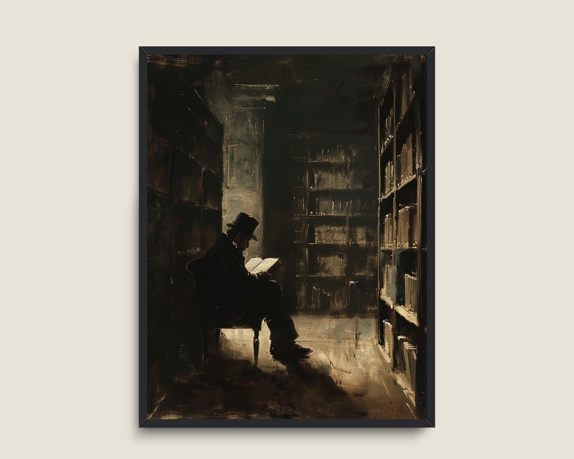 Man Reading in a Dark Old Library Vintage Still Life Wall Art Print - Image 3