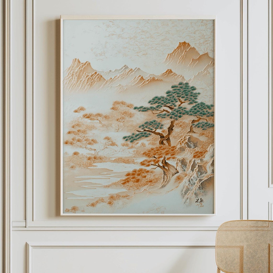 East Asian Ink Wash Mountain Pines Mist Landscape Art Poster