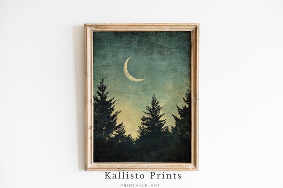 Crescent Moon Over Pine Forest Silhouette Vintage Night Sky Poster