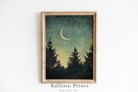 Moonlit Forest Wall Art Crescent Moon And Silhouetted Decor518