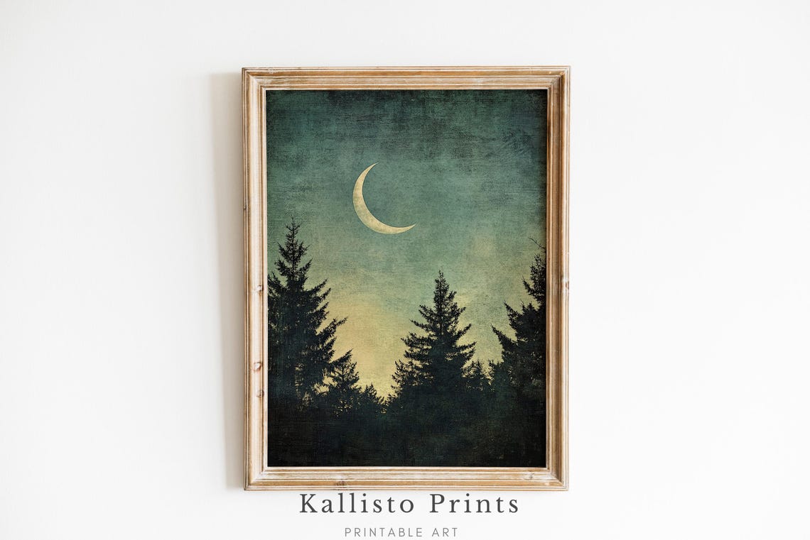 Moonlit Forest Wall Art Crescent Moon And Silhouetted Decor518