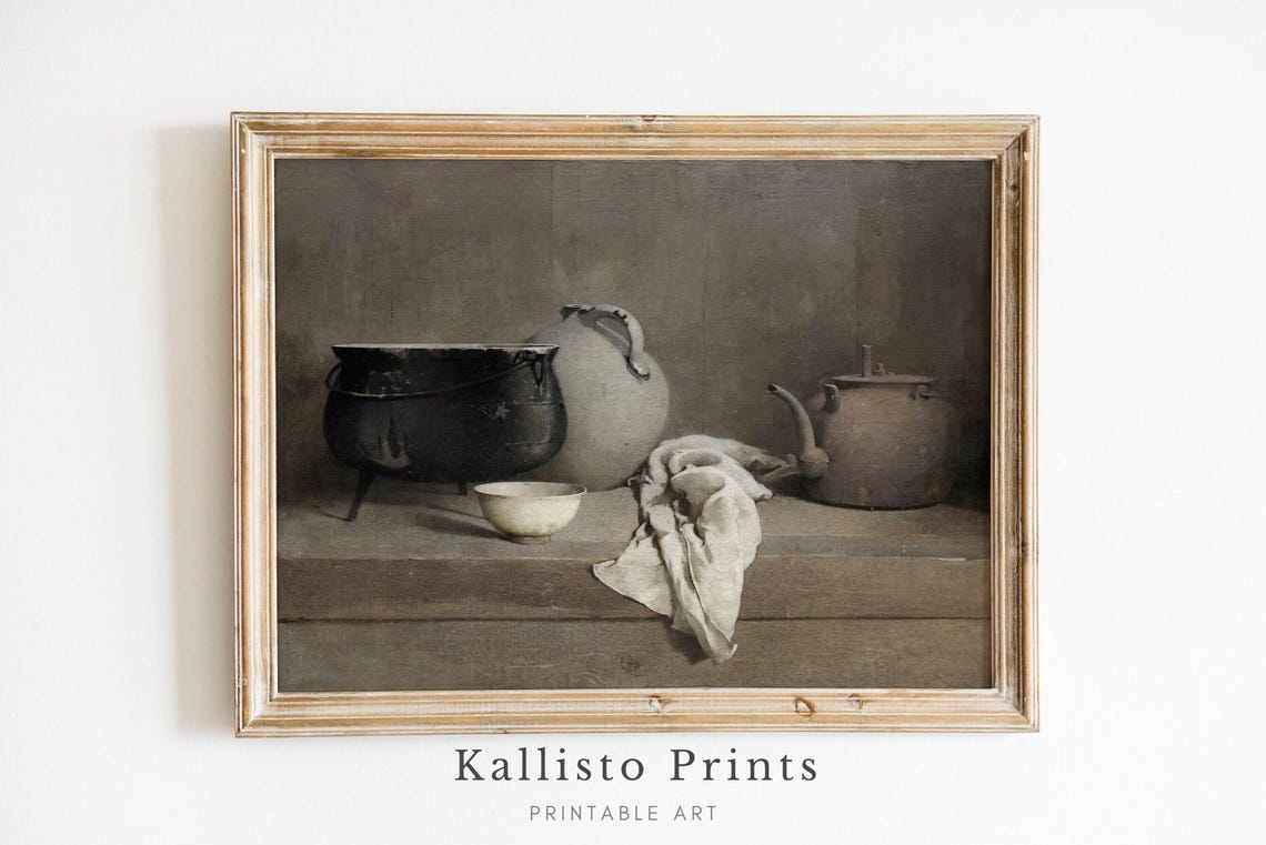 Rustic Iron Pot Still Life Painting Antique Kitchen Pottery Poster