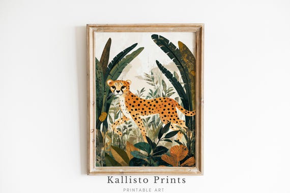 Jungle Cheetah Art Print Safariinspired Wall Decor Wild Animal Painting Botanical Wildlife Artwork844