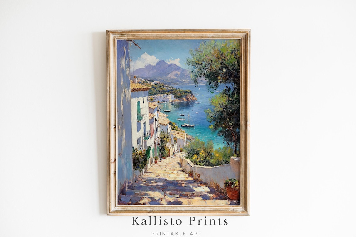Mediterranean Coastal Village Sunlit Harbor Boats Summer Travel Poster