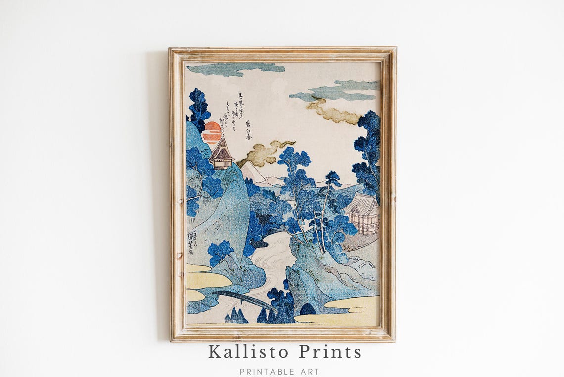 Vintage Japanese Ukiyoe Landscape With Mountains And Temples Poster