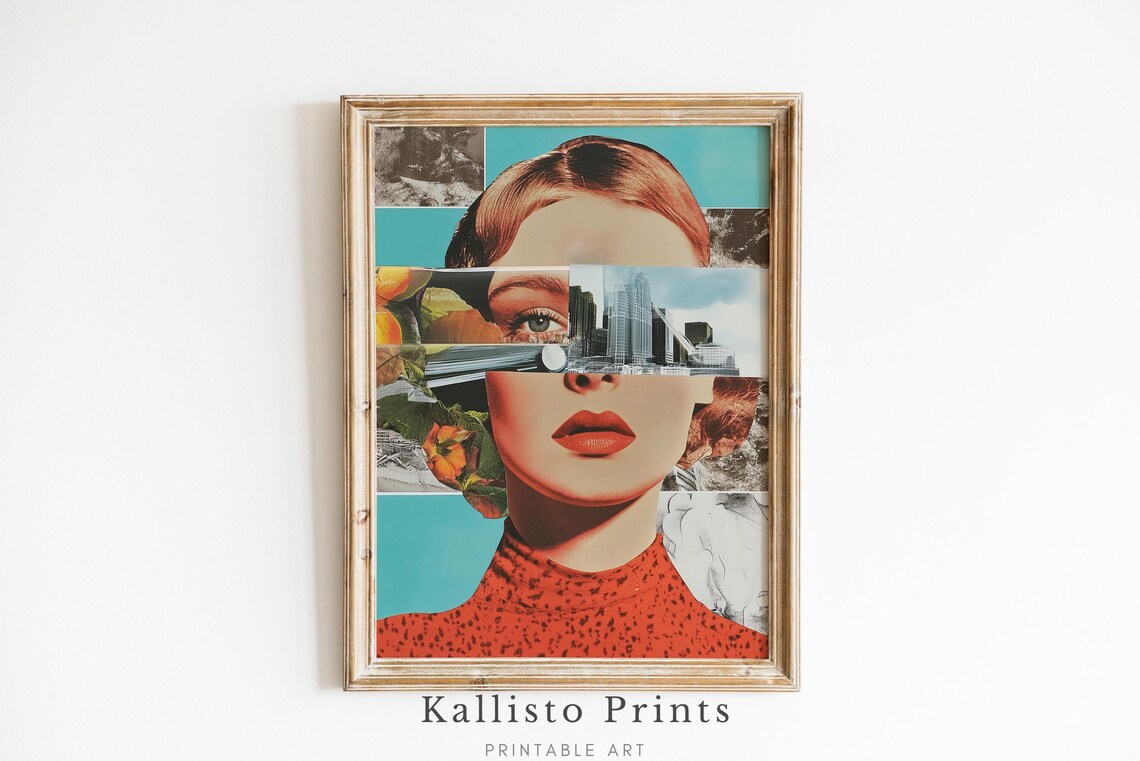 Surreal Pop Collage Woman Face City Skyline Bold Contemporary Art Poster