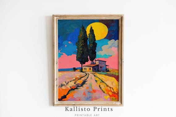 Countryside Landscape With Yellow Moon Abstract Colorful Art Rustic House Bright Home Decor Wall 360