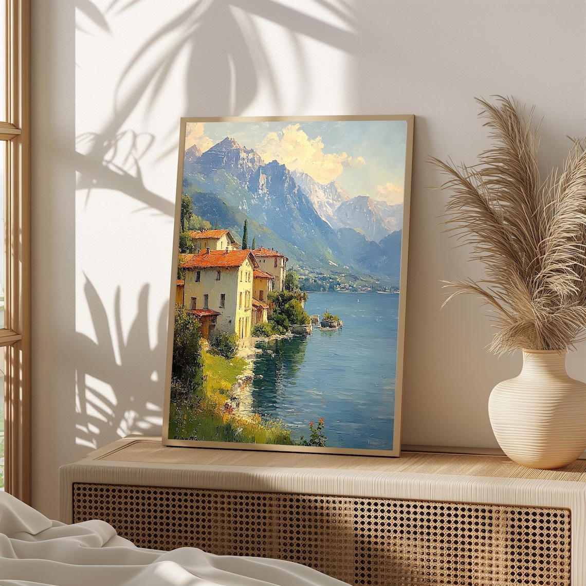Lakeside Village With Mountains And Terracotta Roofs Art Poster
