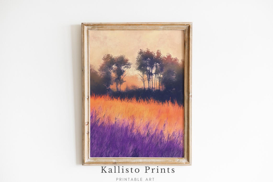 Abstract Sunset Orange Purple Field Wild Grass Modern Wall Art