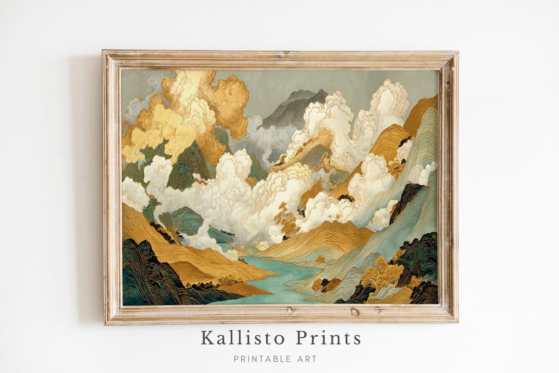 Golden Clouds Mountain Valley Turquoise River Asian Art Poster