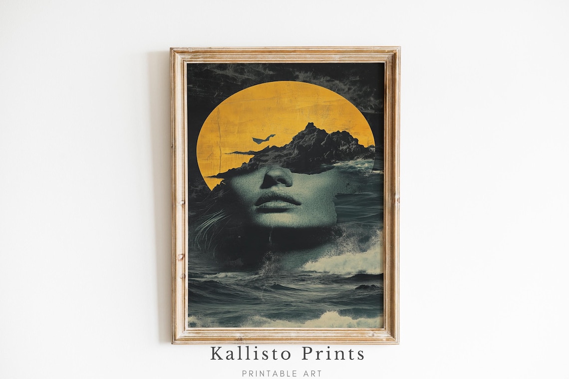 Surreal Golden Moon Ocean Waves Woman Face Double Exposure Night Poster