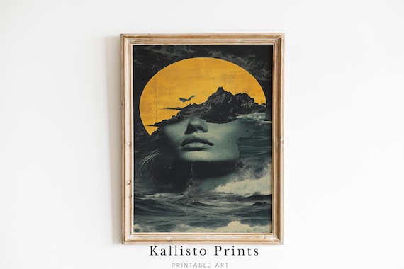 Surreal Golden Moon Ocean Waves Woman Face Double Exposure Night Poster