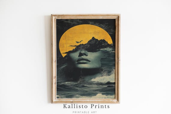 Surreal Moon And Ocean Collage Art Print Abstract Landscape With Female Portrait Bold Modern Wall Art714