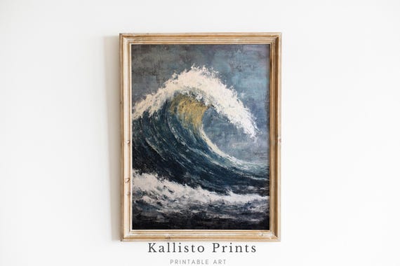 Textured Ocean Wave Wall Art Moody Blue Coastal Print Abstract Sea Painting Deep Brush Stroke Poster Instant 1263