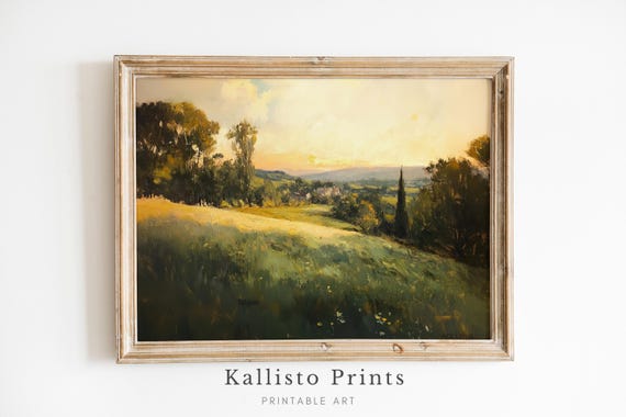 Golden Sunset Meadow Vintage Landscape Art Print Countryside Wall Rustic Farmhouse Decor Download800