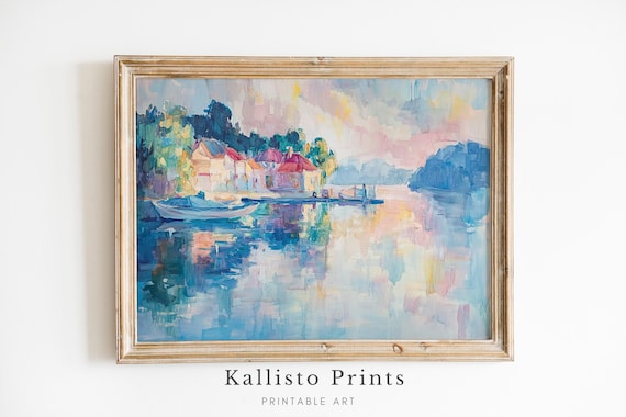 Colorful Impressionist Lakeside Village With Red Roofs Boats And Reflections Poster
