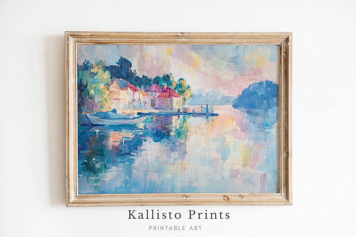 Colorful Impressionist Lakeside Village With Red Roofs Boats And Reflections Poster