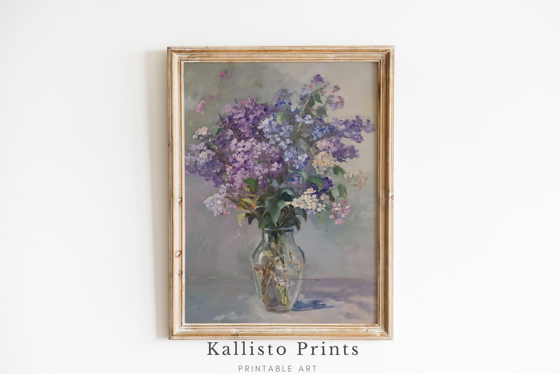 Lilac Blossoms Glass Vase Soft Neutral Floral Still Life Poster