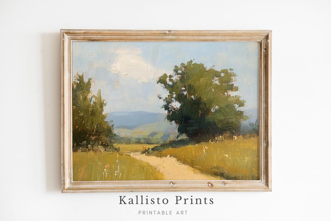 Peaceful Country Path Between Tall Trees And Blue Hills Poster