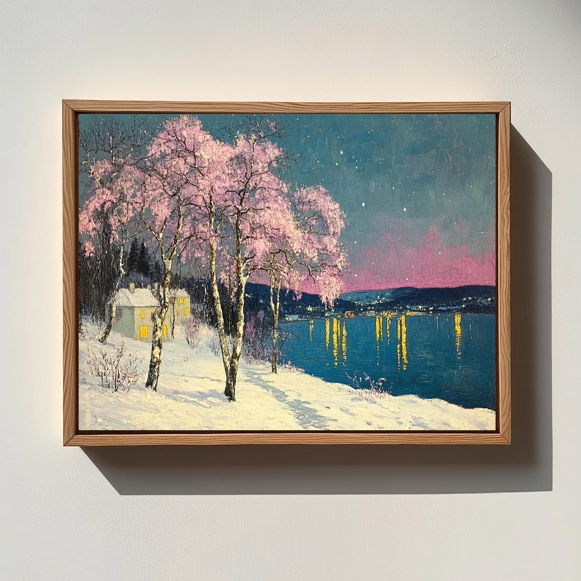 Winter Night Pink Cherry Blossom Snowy Lakeside Cabin Poster