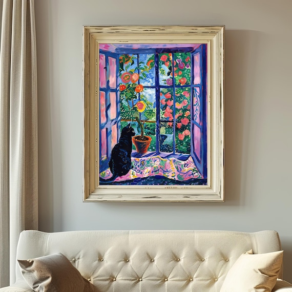 Black Cat At Colorful Window Fauvist Garden Roses Painting Poster