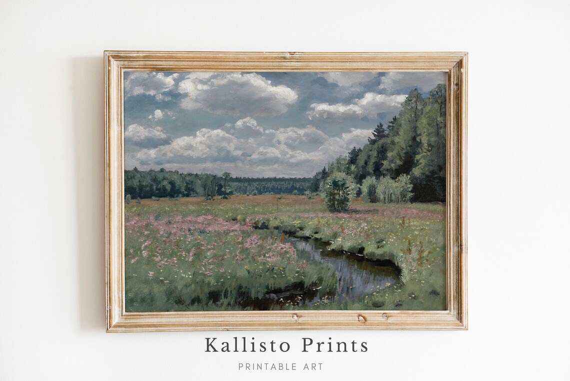 Summer Meadow Stream Painting Pink Wildflowers Cloudy Sky Poster
