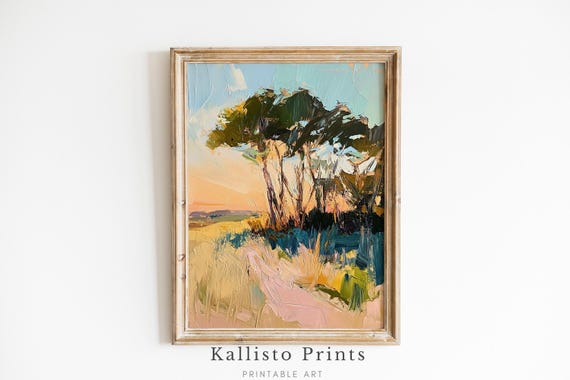 Sunset Landscape Painting Print Impressionist Nature Art Textured Brushstroke Wall Decor Warm Earthy Tones Gift For Lovers 1038