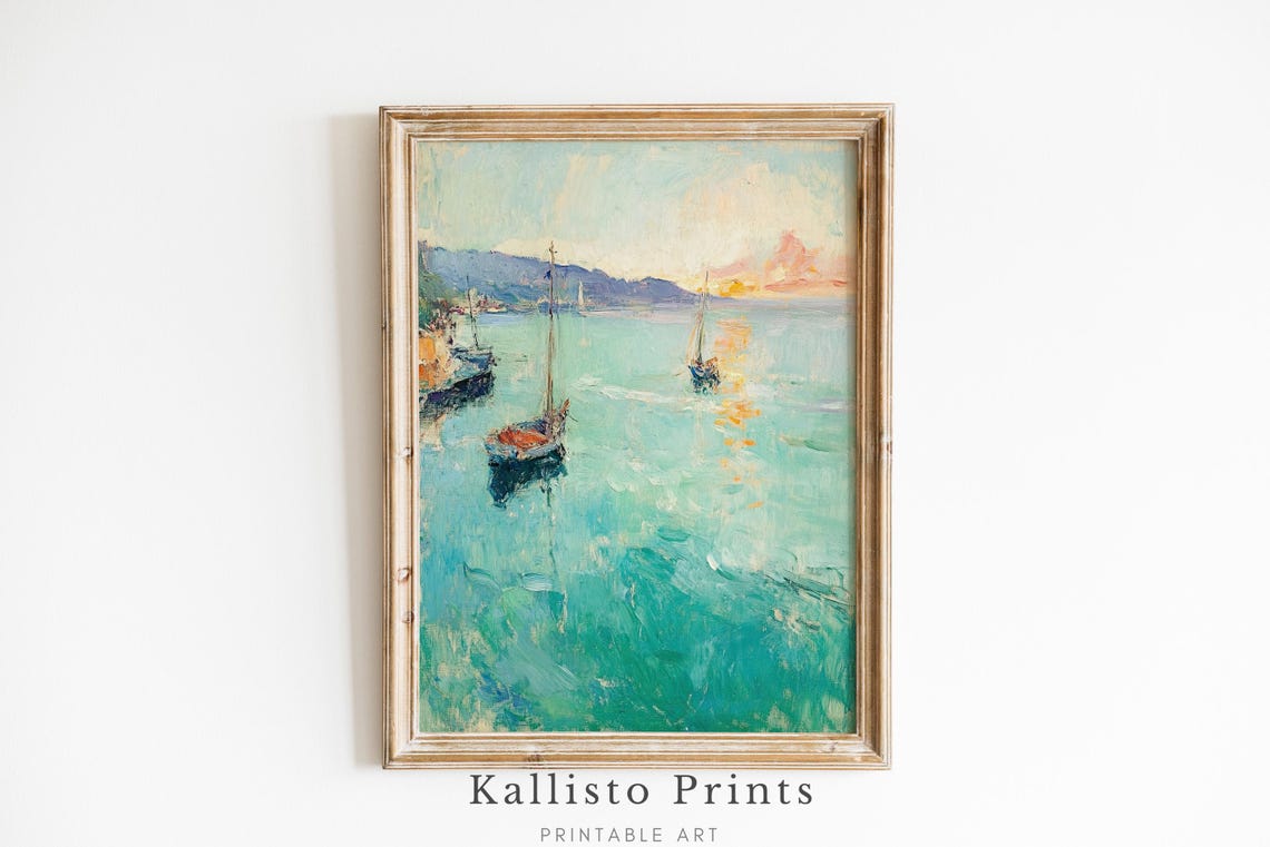 Golden Sunset Sailboats Impressionist Turquoise Harbor Poster