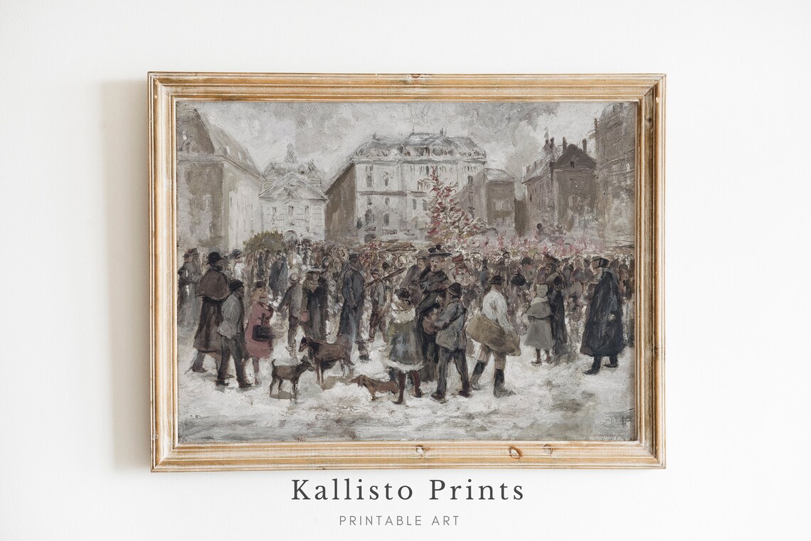 Vintage Winter Market Crowd In Snowy Town Square Holiday Poster