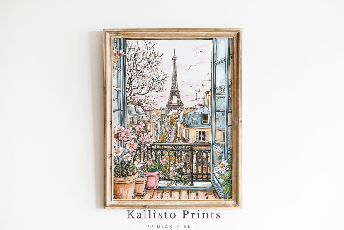 Paris Balcony View Art Print, Eiffel Tower Watercolor
