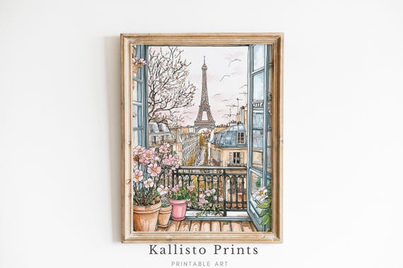 Paris Balcony View Art Print, Eiffel Tower Watercolor