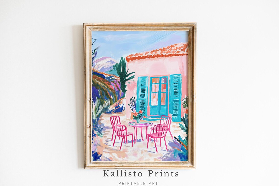 Mediterranean Patio Pink Chairs Turquoise Shutters Sunny Wall Art