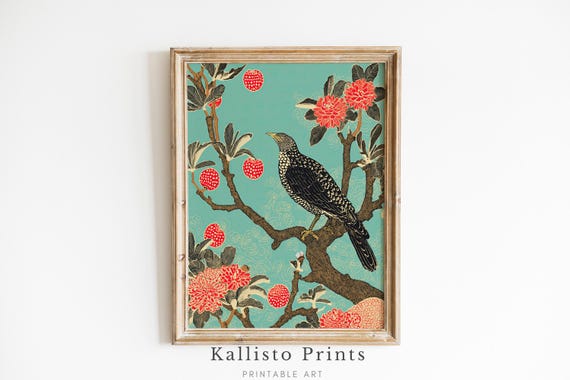 Celestial Garden Bird Wall Art Vintage Botanical Asian Style For Zen Decor Lover Gift Boho Nature 1190